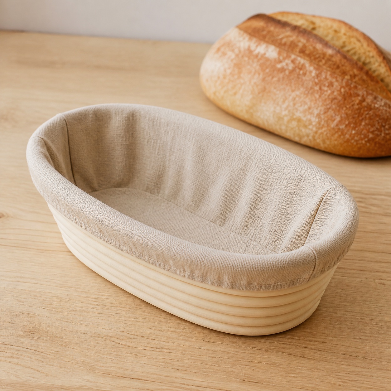 Oval rattan proofing basket with beige cloth liner on a wooden table
