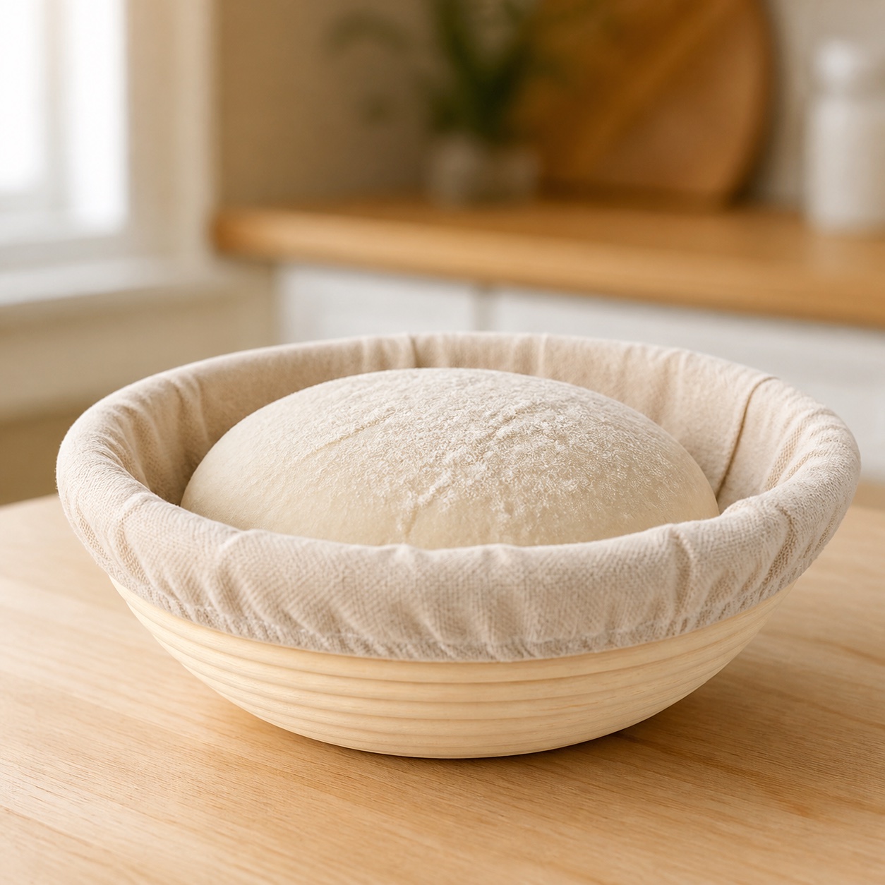 Round rattan proofing basket with cloth liner holding sourdough dough